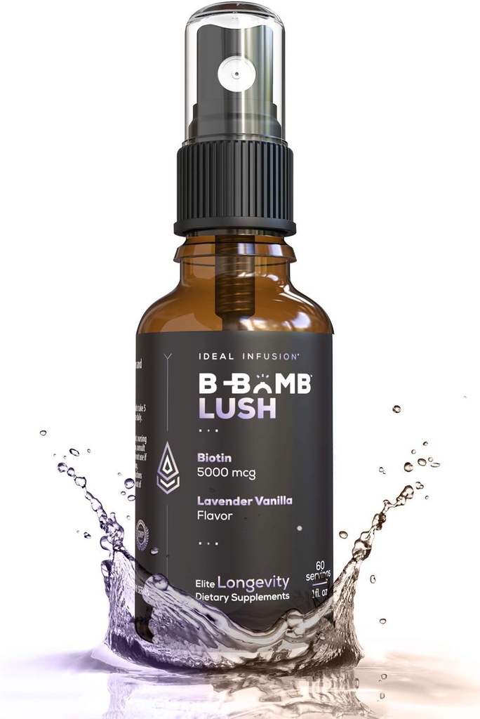 Idealny do infuzji B- Bomb Lush Biotin spray płynny: Organiczny lawendowy Vanilla - 5000mcg, Witamina wzrostu włosów na grubość i objętość - Zdrowie skóry, Stronger Nails, Keto, Wegan