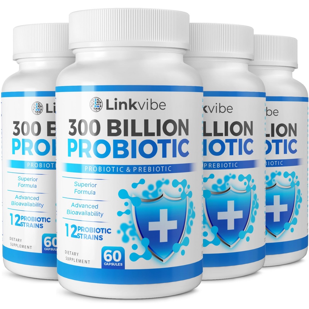 Probiotyk 300 Miliard CFU - 12 Szczepów z organiczną prebiotyką do pożywienia & Gut, immunologiczne, Bloating Health - Probiotyka dla kobiet i mężczyzn - Daily Dairy Free, Szafka Stabilna - 240 Liczby