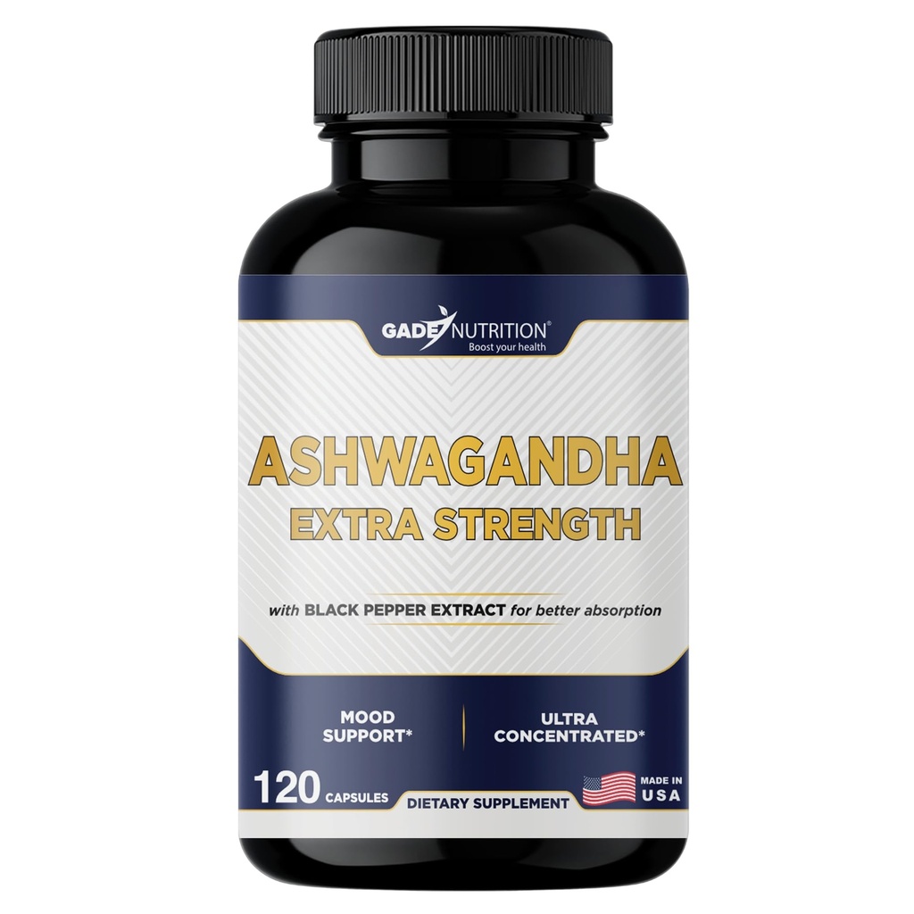 Gade Nutrition Ashwagandha Suplementy - Dodatkowa siła, ashwagandha Powder Kapsułki z czarnym pieprzem, Natural Mood, Focus, i suplement wsparcia energetycznego, 120 Kapsułki wegetariańskie, USA Made
