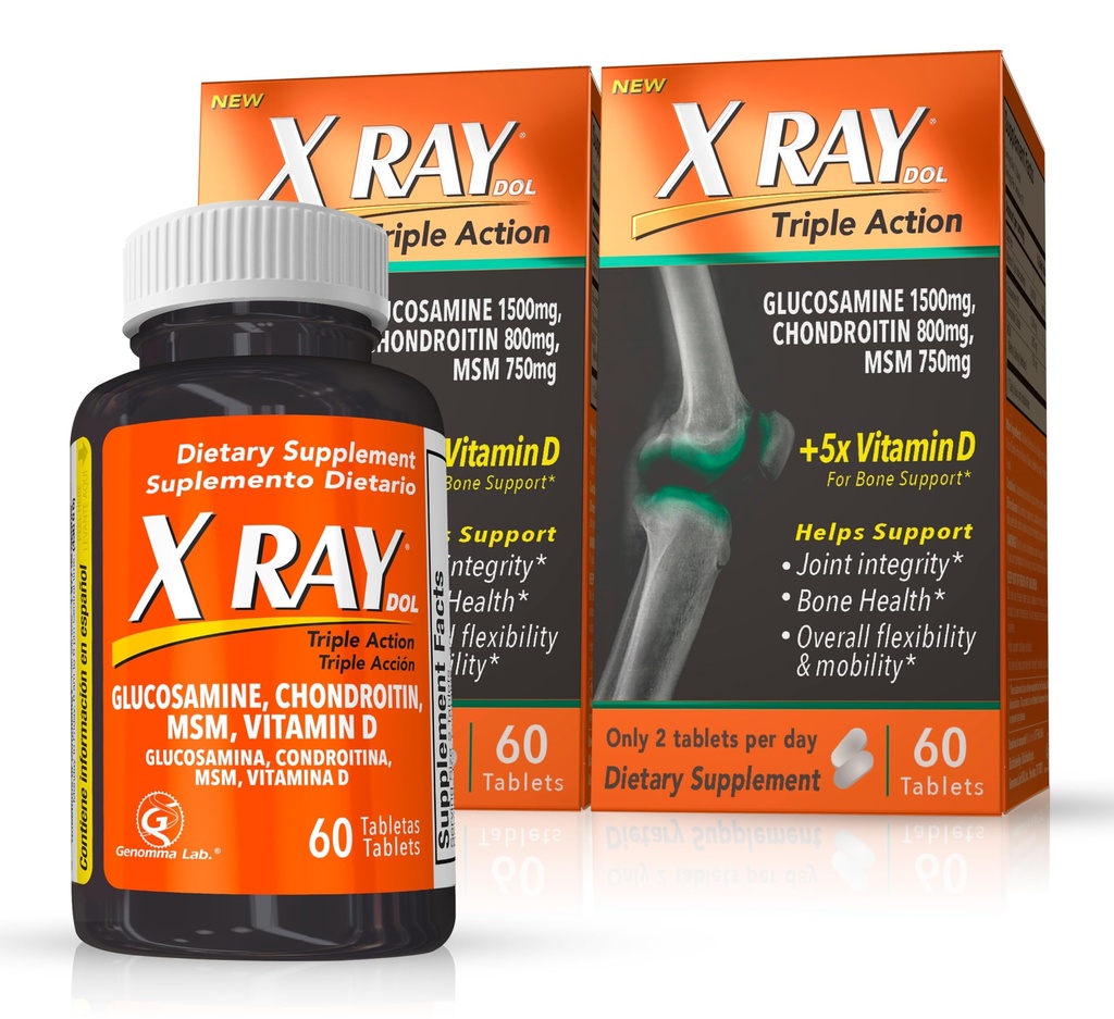 X Ray Dol Triple Action Joint Supplement with Glucozamine 1500mg, Chondroitin 800mg, MSM 750mg i 5X Witamina D for Healthy Joints, Bones & Cartilage - 60 Count per Bottle - 2 Pack