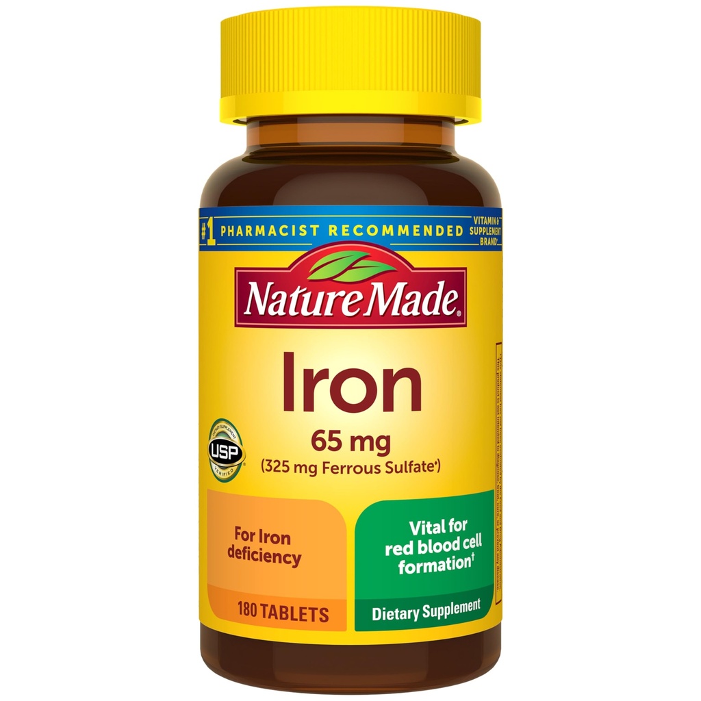 Nature Made Iron 65 mg (325 mg siarczanu żelaza) Tablety, Suplement diety do wsparcia czerwonych krwinek, 180 Tabletki, 180 Day Supply