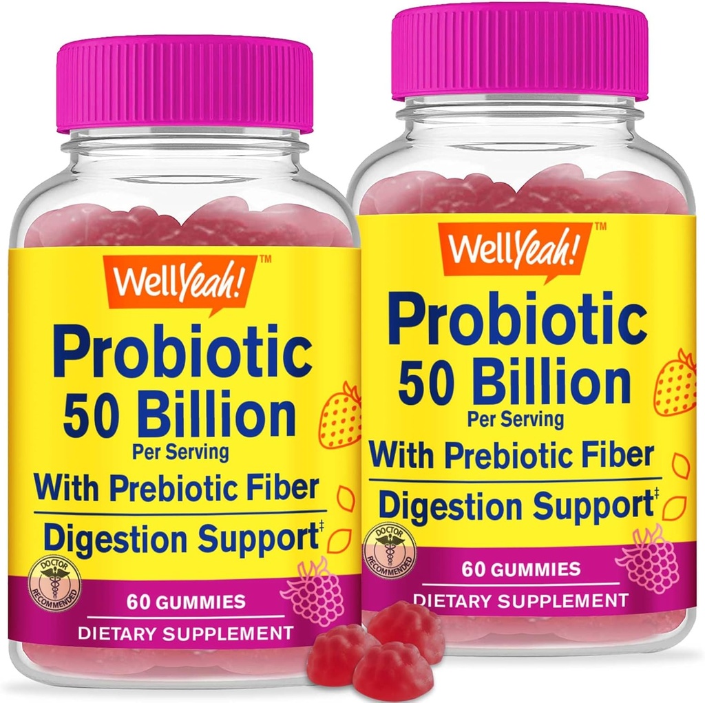 WellYeah (2 Pack 50 Billion Probiotics + Prebiotyki dla mężczyzn i kobiet Gummies - Wsparcie pokarmowe, Gut Health, Immune Support Gummy - Probiotyki dla zdrowia trawiennego z 12 Szczepami - 60 Gummies