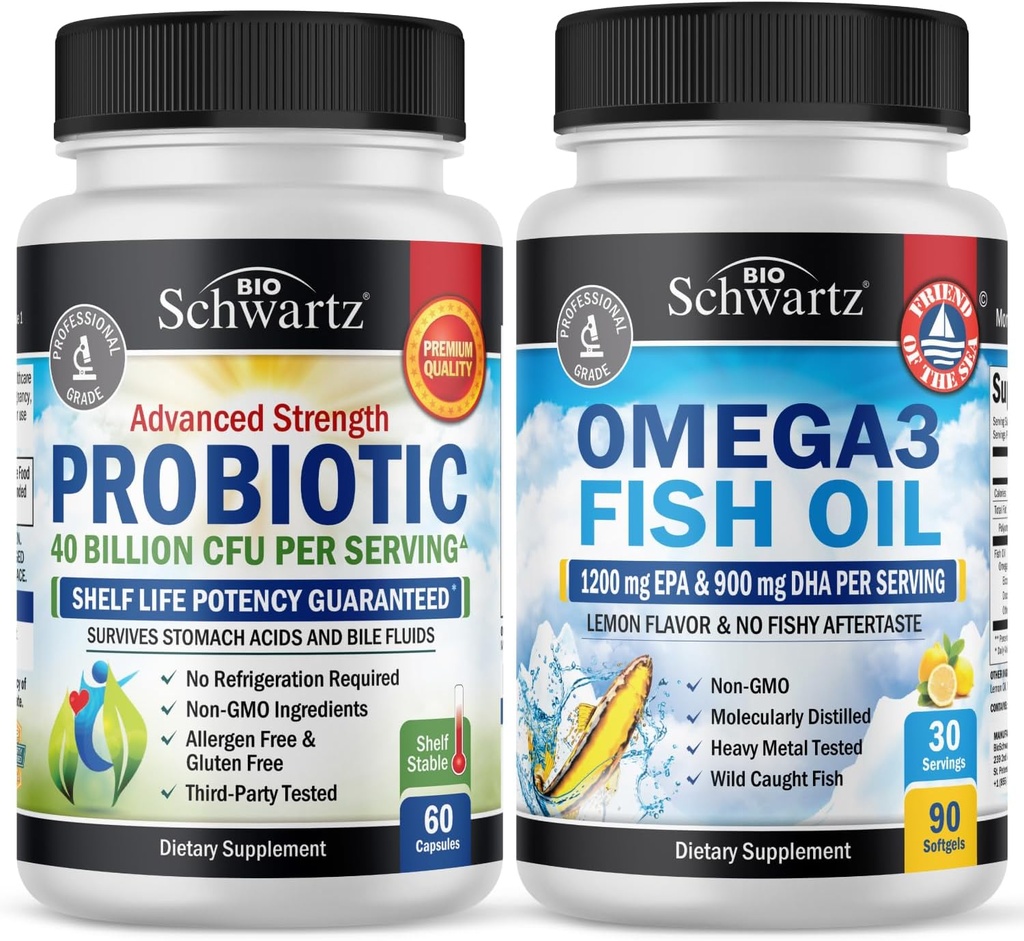 Potrójne siły Omega 3 Softgels oleju rybnego (1 miesiąc dostaw) Plus 40 Miliard CFU Codzienne suplement probiotyczny (1 miesiąc dostaw)
