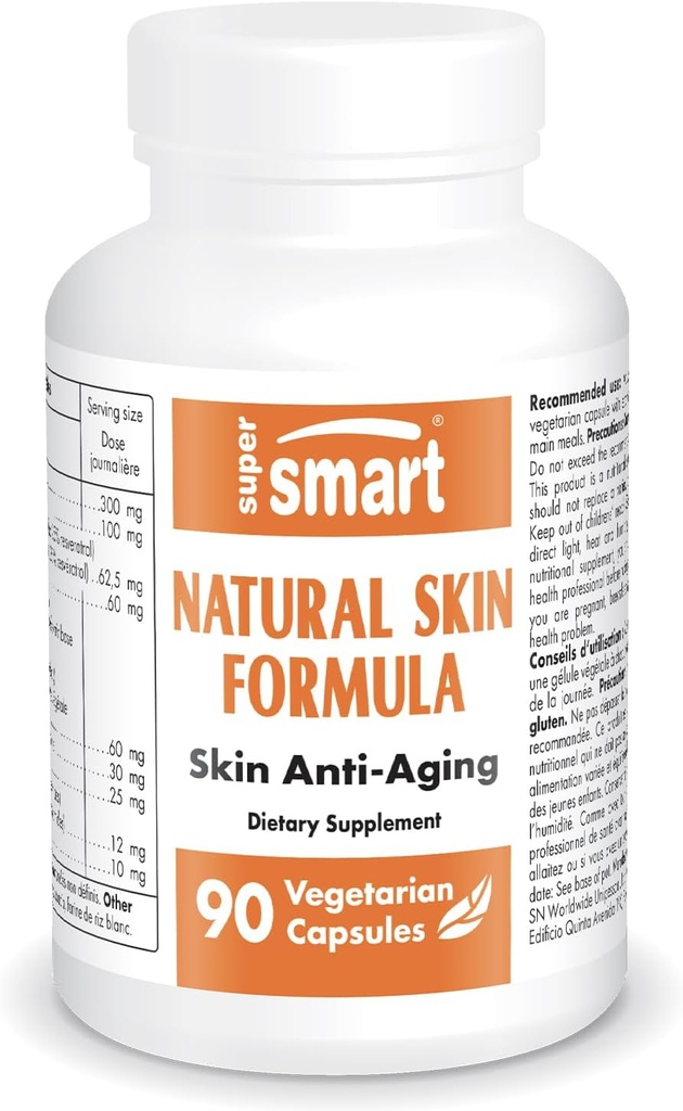 SuperSmart - Natural Skin Formula (Wysoka potencja) - z kwasem hialuronowym, Kolagen, Elastin, Ceramidy, Silica - Hydration skóry & Elastyczność 124; Non-GMO - 90 Kapsułki wegetariańskie