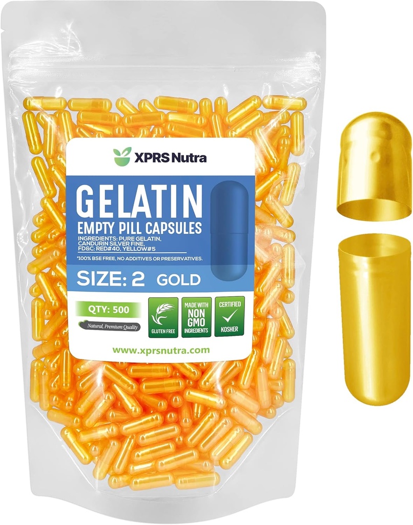 XPRS Nutra Rozmiar 2 Puste kapsułki - 500 Licz Puste kapsułki żelatynowe - Pigułki DIY Kapsułka Wypełnianie - Czysty żel pióro dla bydła Kapsułki do do- It- Yourself Supplements (Gold)