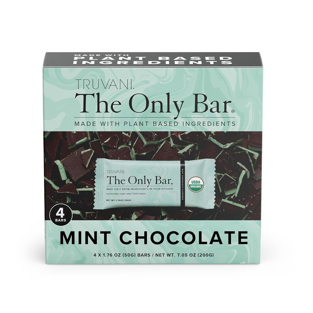 Truvani Plant Based Snack Bars: 124; Chocolate Mint 4 Pack: 124; 7g Protein: 124; USDA Organic and Vegan: 124; The Only Bar British 124; Dairy, Soy i Gluten Free: 124; Indywidualnie owinięte
