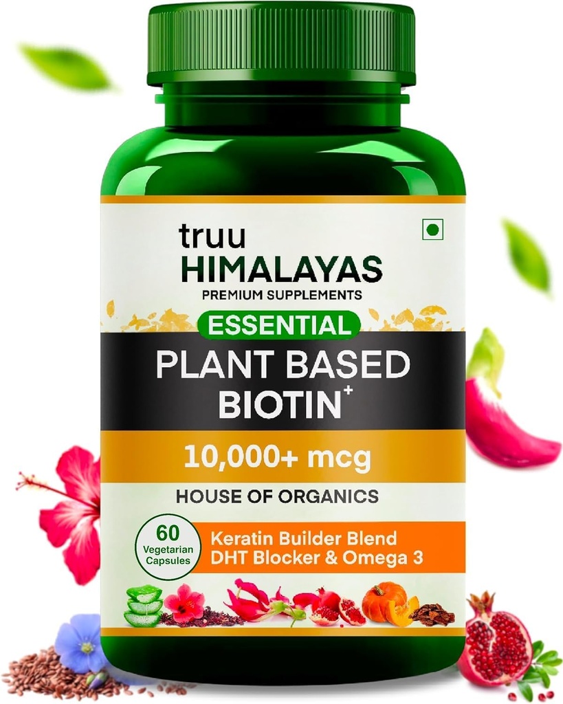 Roślina Biotin 10000mcg do wzrostu włosów z blocker DHT, Keratin i Omega 3 Suplement Wartości odżywcze dla mężczyzn i kobiet - Ayurvedic Nutrigents for Hair Fall, Skóra i paznokci Zdrowie - 60 Kapsułki