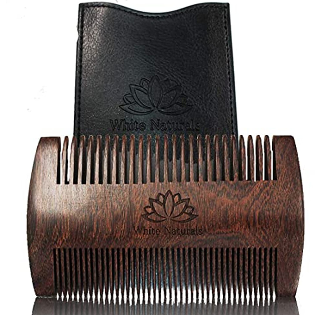 Białe Naturals Brody Comb for Men, Drewniane Naturalne Sandalwood, Fine Dual Action Teeth, Ręczny Premium Sandal Wood, Perfect for Balms and Oils, Zawiera PU skóry przypadku, Pocket Size