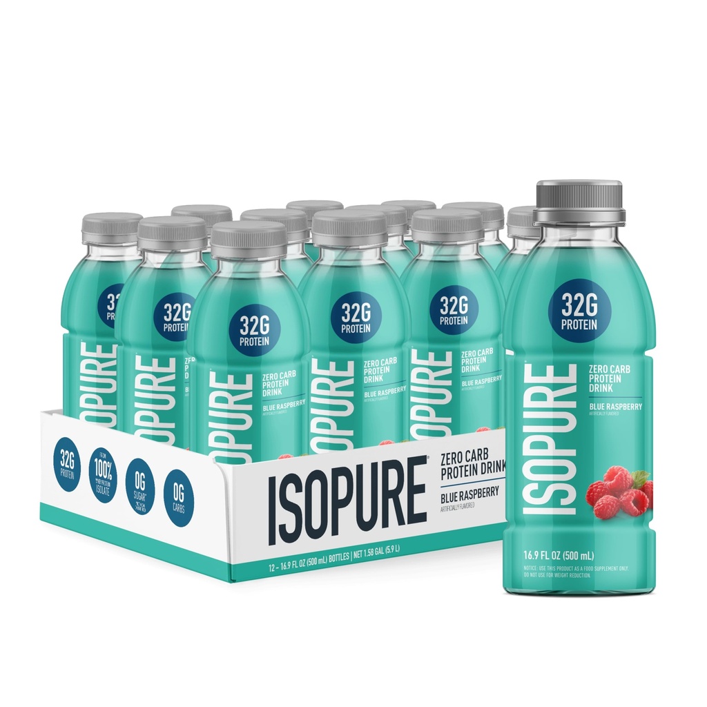 Izopura Zero Carb 32g Przezroczysty białko ready- to- Drink, Izolat białka serwatki, Błękitna Malina, 12 Pack (Opakowanie może Vary)