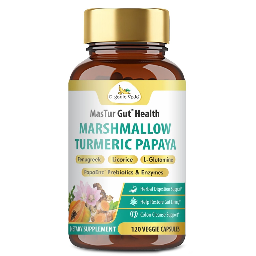 Organic Veda Marshmallow Turmeric Gut Supplement - Trawienie zdrowia, Leaky Gut Repair & Cleanse Support - Papaya Digestive Enzymes, Prebiotyki, L- Glutamina, Green Banana, Pyllium Husk - 120 kapsułki
