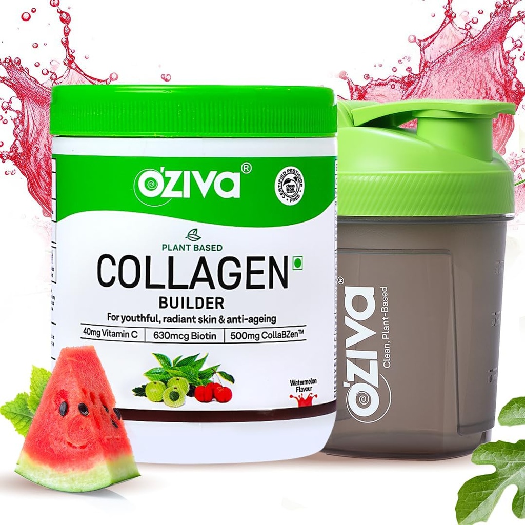 Ziva Vegan Collagen (Arbuz) z Biotyną i Witaminą C Dla jaśniejszych i młodzieńczych skóry 124; Suplement Kolagenu dla kobiet i mężczyzn 124; Proszek roślinny Based 124; Certyfikowany Wegan 125g + Shaker