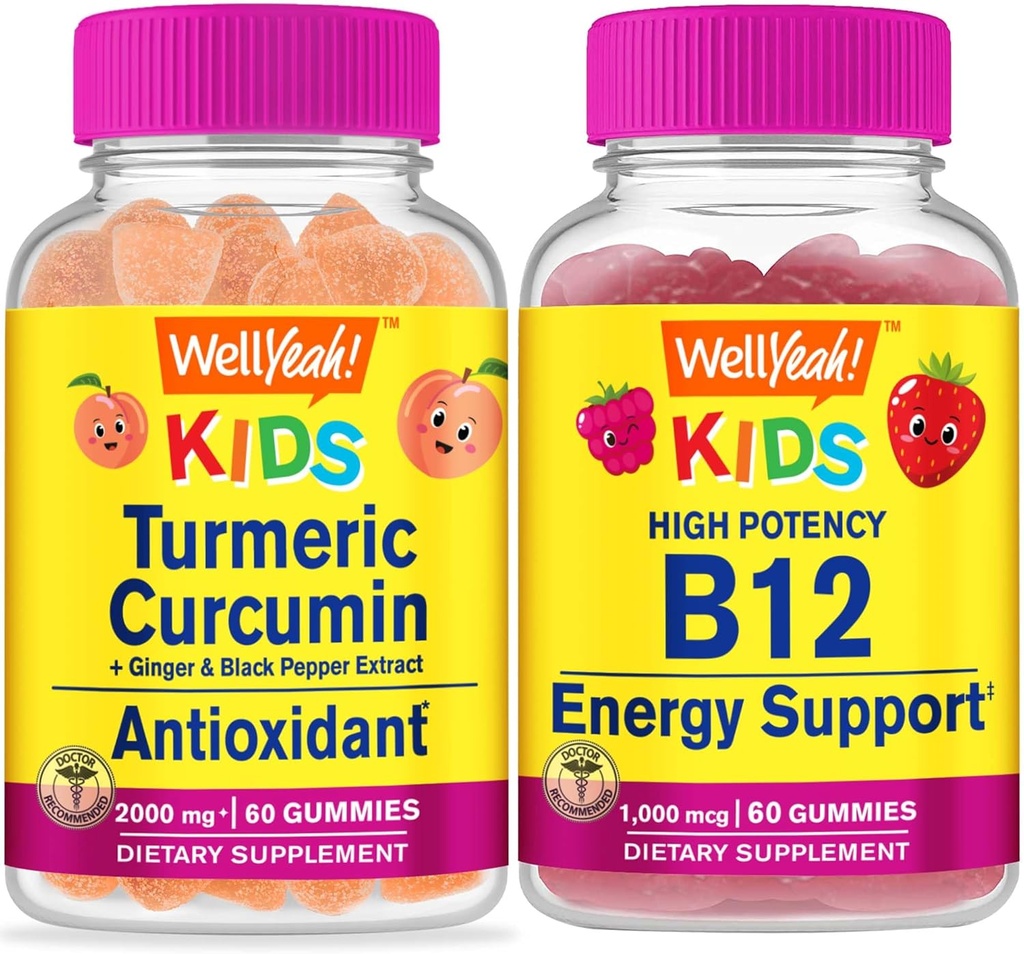 WellYeah Kurkumina Kurkumina Dzieci + Witamina B12 Dzieci, Gummies Bundle - Great Desting, Suplement witaminy, Gluten Free, GMO Free, Gummy do żucia