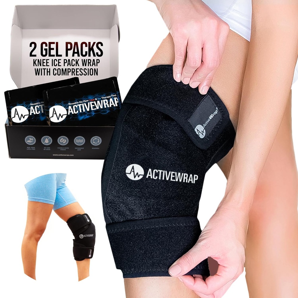 ActiveWrap - Pack na kolano z kompresją, 2 jednorazowe paczki żelowe na ciepło i zimno na ból kolanka, Sore Legs & Shin Splins. Elastyczna opaska na zimno do kontroli obrażeń i obrzęku i wspólnego wsparcia - jeden rozmiar pasuje najbardziej