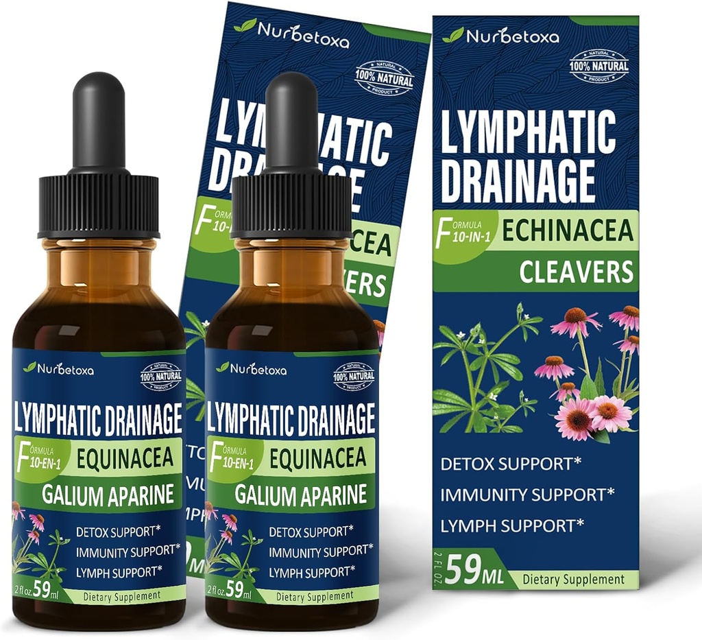 Cleavers Lymphatic Drainge Drops for Lymph Detox Cleanse, Gotas de Equinacea y Diente de Leon para Drenaje Linfatico, Lymphedema Support Formula z Echinacea, Użyj z narzędzia do masażu. 4oz