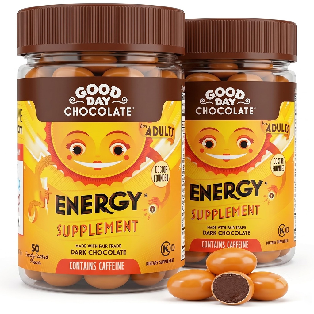Dobrego dnia czekoladowe suplementy energetyczne dla dorosłych [2 pack] Fair Trade Kofeina czekolada z witaminy B-, ekstrakty zielonej herbaty i 20 mg kofeiny na kawałek - booster energii dla kobiet i mężczyzn