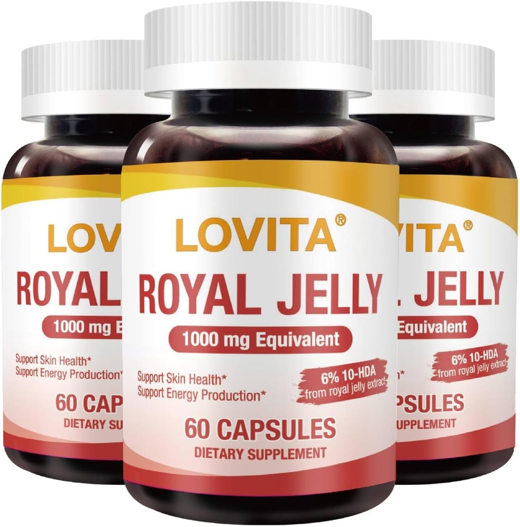 Lovita Royal Jelly 333 mg, 3: 1 Koncentrat, z 20mg 10- HDA, Natural Source Super Food, Wspiera zdrowie skóry i produkcji energii, 60 Kapsułki (Opakowanie 3)