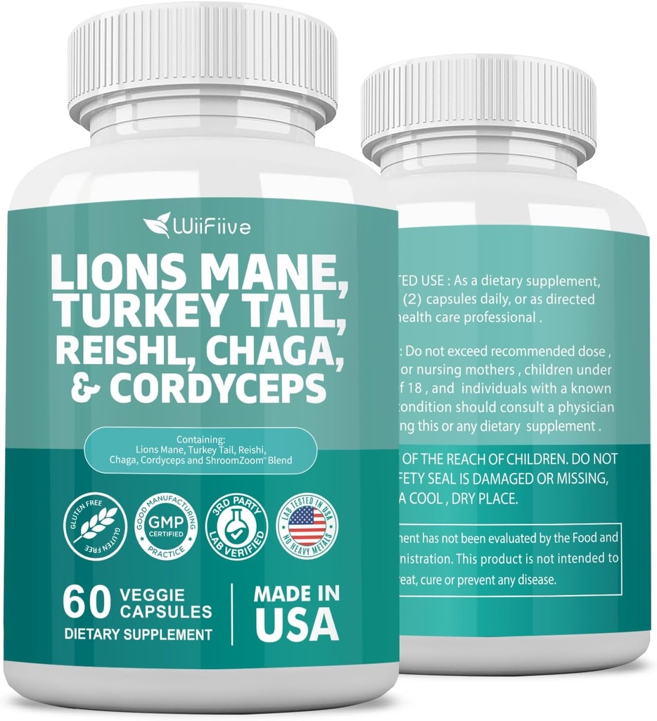 Lions Mane 3000mg Turcja Tail 3000mg Reishl 1000mg Chaga 1000mg Cordyceps proszek Ekstrakt zawierający Maitaake Shiitake czarny grzyb, Suplement mózgu, Suplementy mineralne, 60 Kapsułki