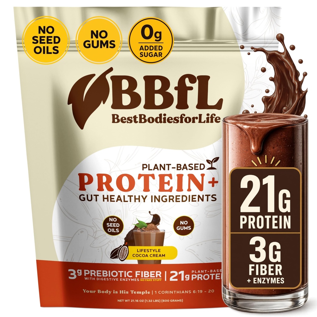 Białko na bazie BBfL Shake - 21g białka wegańskiego, Cocoa + Jabłko Cydr Ocet, Prebiotyki, Enzymy trawienne, Pomaga Gut Health - All- in- One Shake for Women & Men (15 Servings, Cocoa Cream)