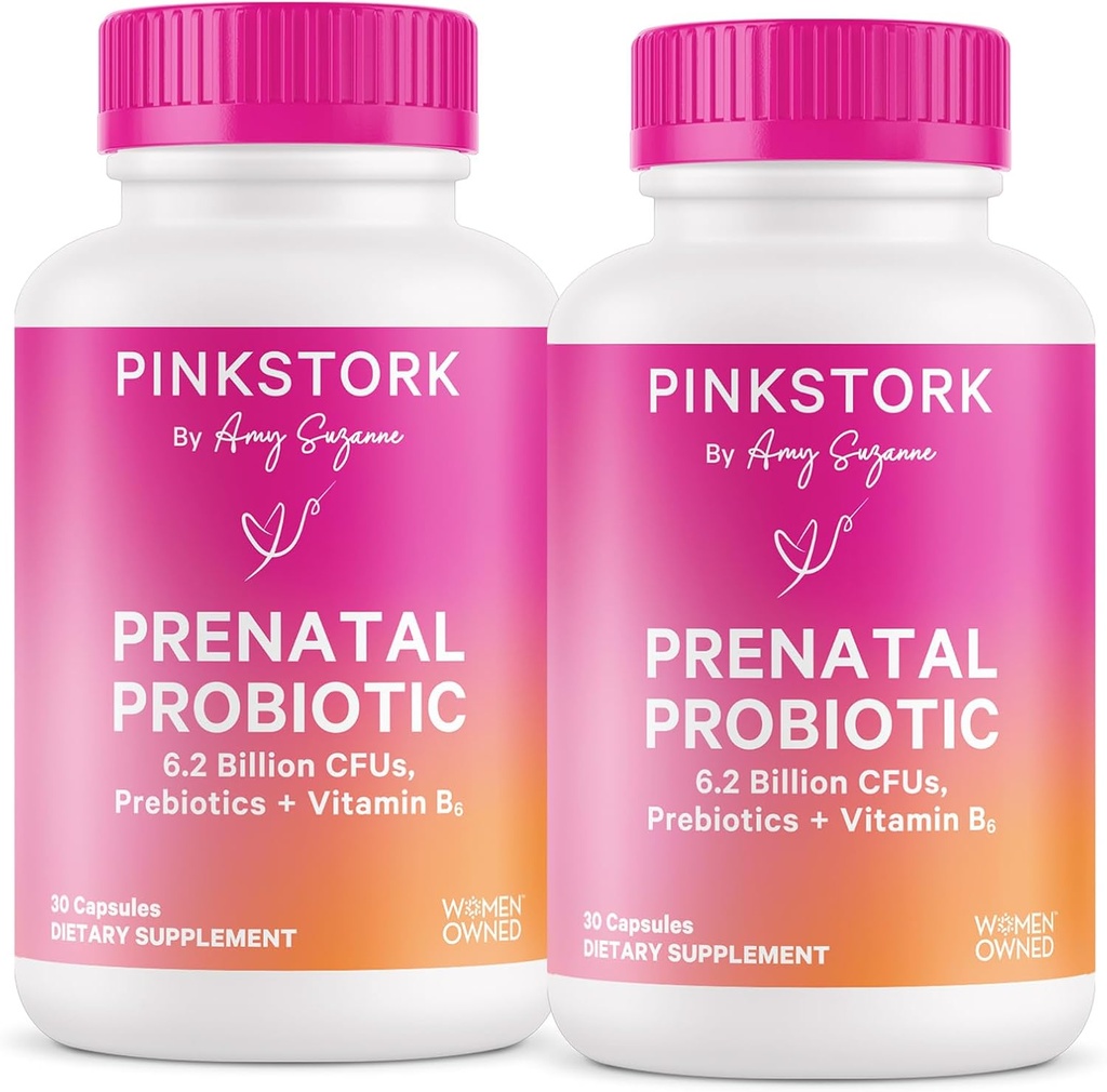 Pink Stork Probiotyki prenatalne dla kobiet z witaminą B6 i prebiotykami - Poranna choroba, Gut Microbiome i Immune Support - Probiotyka ciąża - Ciąża Musi Haves, 60 Kapsułki