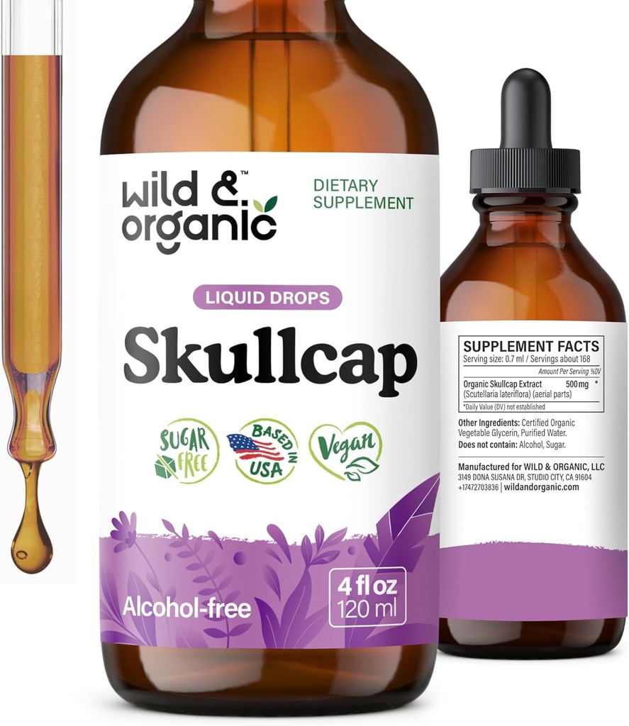 Wild & Organic Skullcap Herb Tincture - Suplement Skullcap dla wsparcia nastrojów - Relaxing Liquid Extract Drops - Wegan, Cukier i Alkohol - 4 fl oz