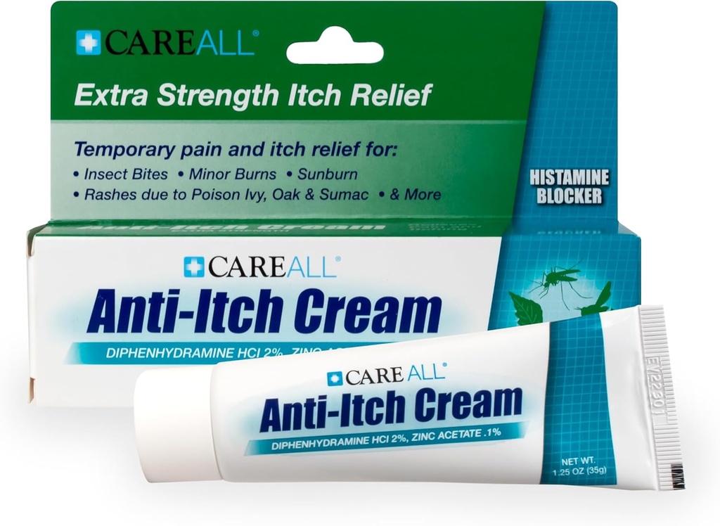 CareAll Anti-Itch Cream 1.25oz Blokowanie histaminy, Difenhydramine HCI 2% a Topical analgesic & Cynk Acetate 0,1% Ochraniacz skóry Zapewniają tymczasowy ból i Itch Ulgi od Common Outdoor Its