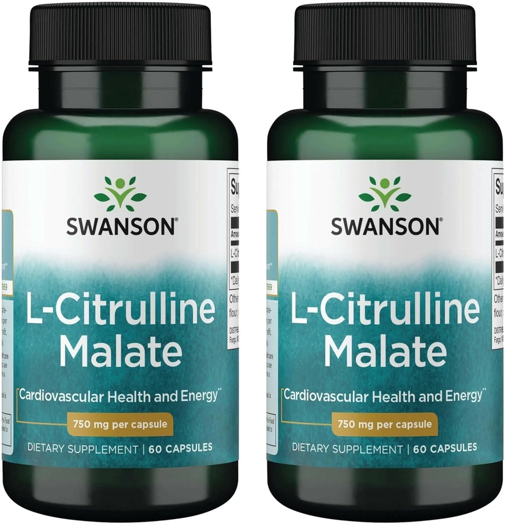 Swanson L- Citruline Malate - Acidum Amino Acid Supplement Propaging Energy Production & Healthy Blood Circulation - Natural Formula wspierająca ogólne Wellness - (60 kapsułek, 750mg każdy) (2 opakowania)
