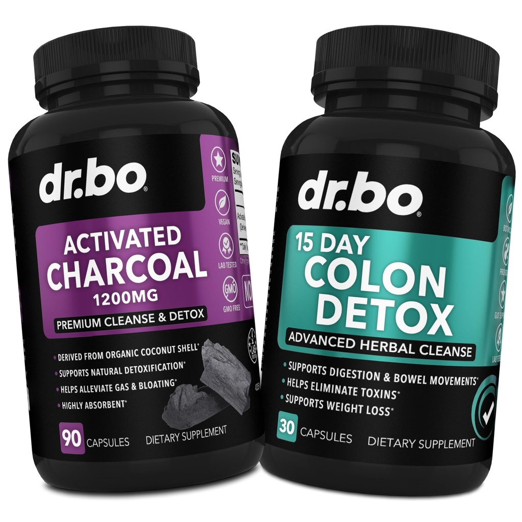 DR. BO Activated Charcoal & Colon Cleanser Detox - Organic Coconut Charcoal Pills & Colon Cleanse for Stomach Gas Bloat & Regularity - Bowel Movement Supplements for Stomach Bloating, Gut Support