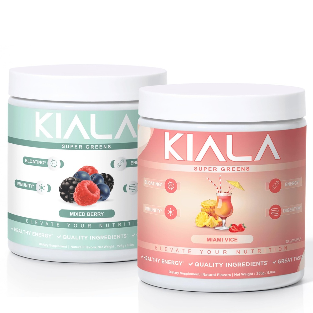 Kiala Nutrition Super Zielone, Organic Zielonych Proszek, Spirulina i Chlorella Superfood Proszek, Cukier i gluten wolny Wegan, Spectra Mieszanka, Mieszane Berry & Miami Vice, 2 Pack
