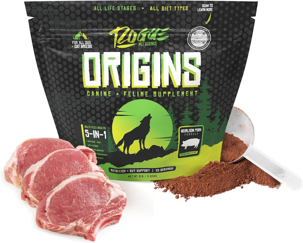 ROGUE PET SCIENCE Origins 5- in-1 Dog Supplement - Pudded Food Topper w / Natural Heirloom Pork Protein - Wspiera zdrową trawienie, Skóra i Coat - Pomaga zmniejszyć swędzenie i zapalenie stawów (2 lbs)