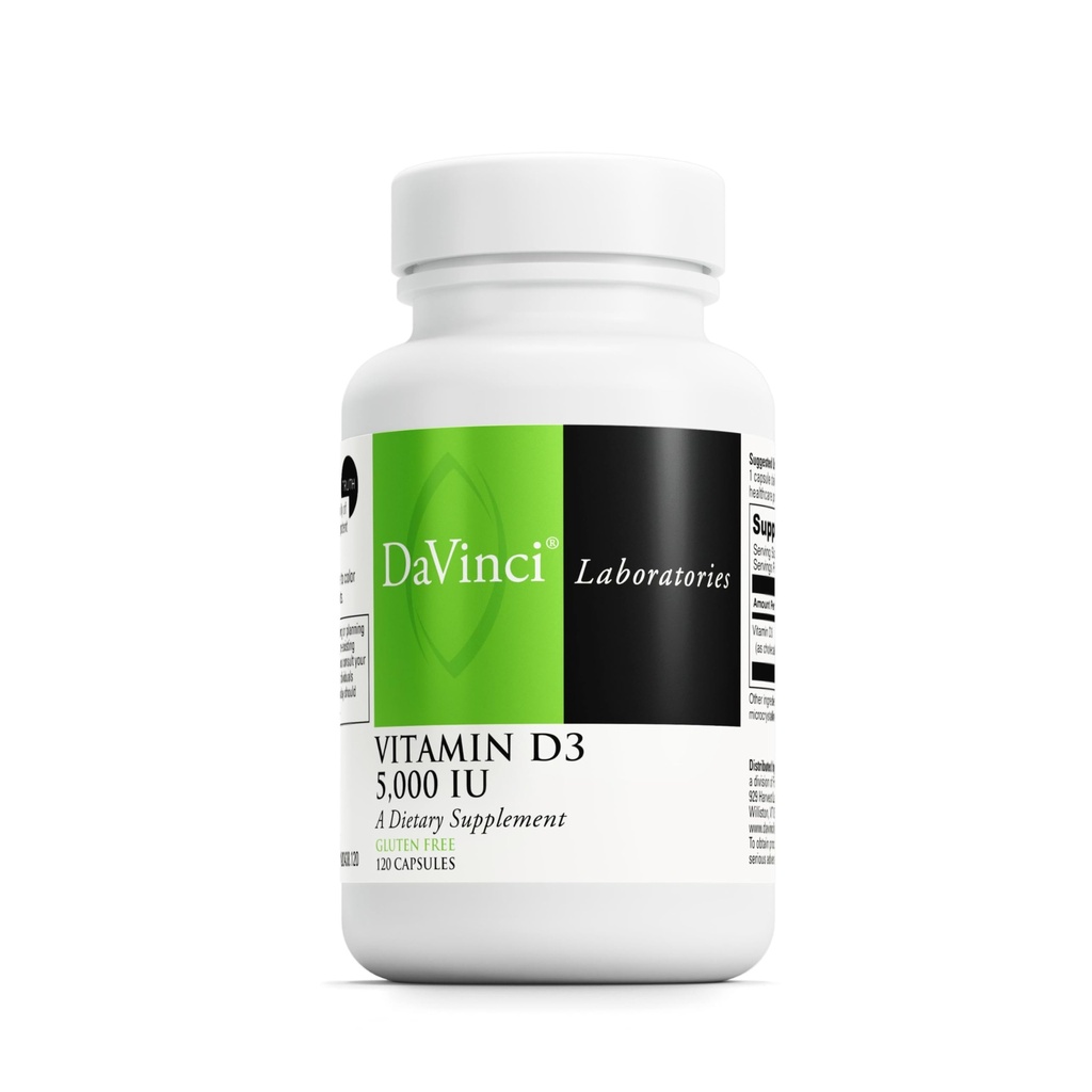 DAVINCI Labs Witamina D3 5000 j. m. - Suplement diety do wsparcia zdrowych zębów i kości, funkcji sercowo-naczyniowych i zdrowia immunologicznego * - z 5000 j. m. na podawanie - bez glutenu - 120 kapsułek