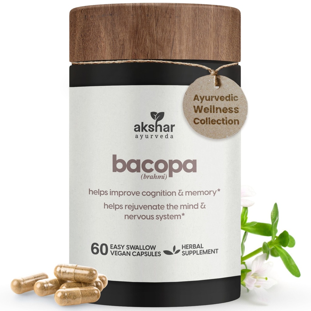 AKSHAR Ayurveda - Bacopa 500mg Suplement Brahmi, System odmładzania, Bacopa Pigułki do wspierania funkcji kognitywnych dla dorosłych, Wegan okrucieństwo Wolny Bacopa Monnieri (60 Hrabia)