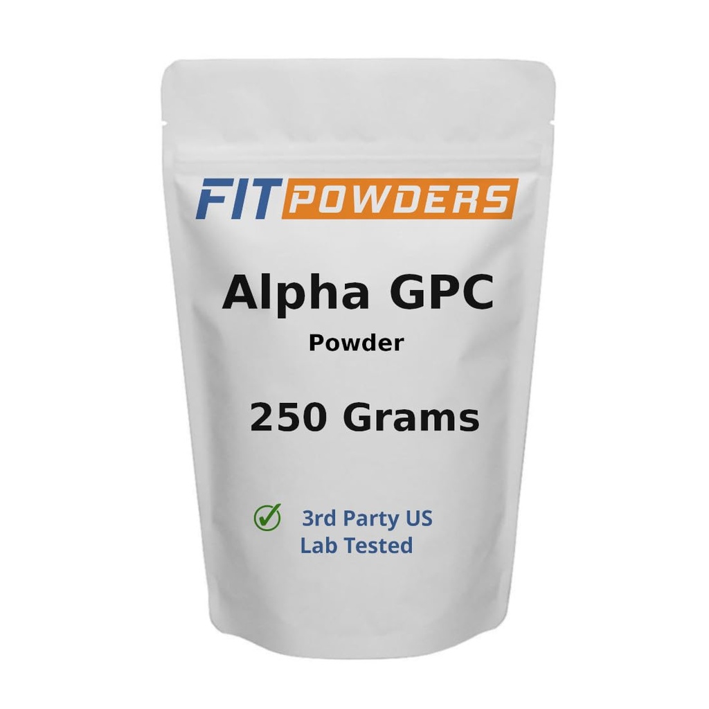 Proszek Alpha- GPC 250 Grams, Nie-GMO Suplement Alpha GPC Proszek choliny, Wegan, Testowane strony trzecie, Wstępne ćwiczenia, Pamięć i Focus, z Scoop