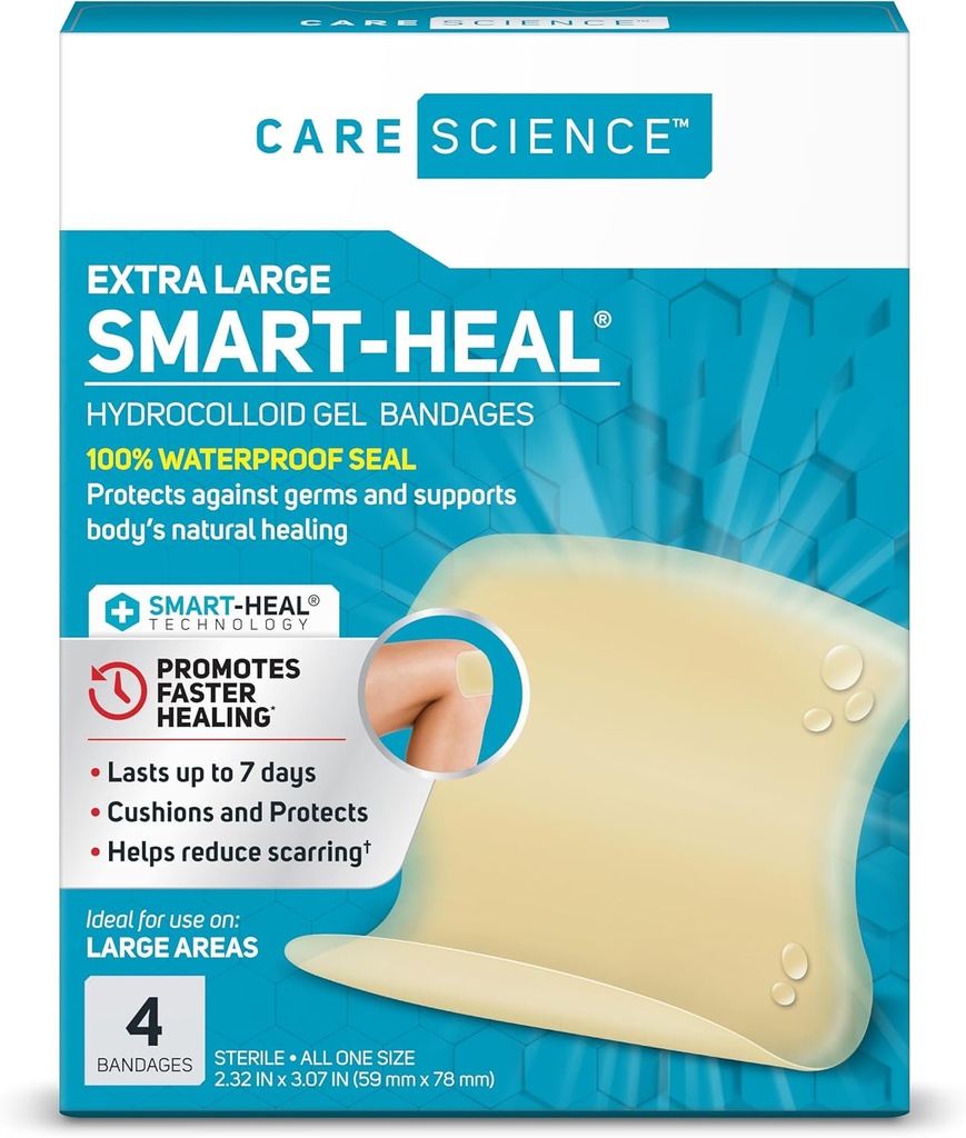 Pielęgnacja Science Smart Heal Hydrocoloid, Duży, 2.3 w x 3 in, 4CT Δ124; 100% Wodoodporny Pieczęć Promotes Healing, Redukuje blizny