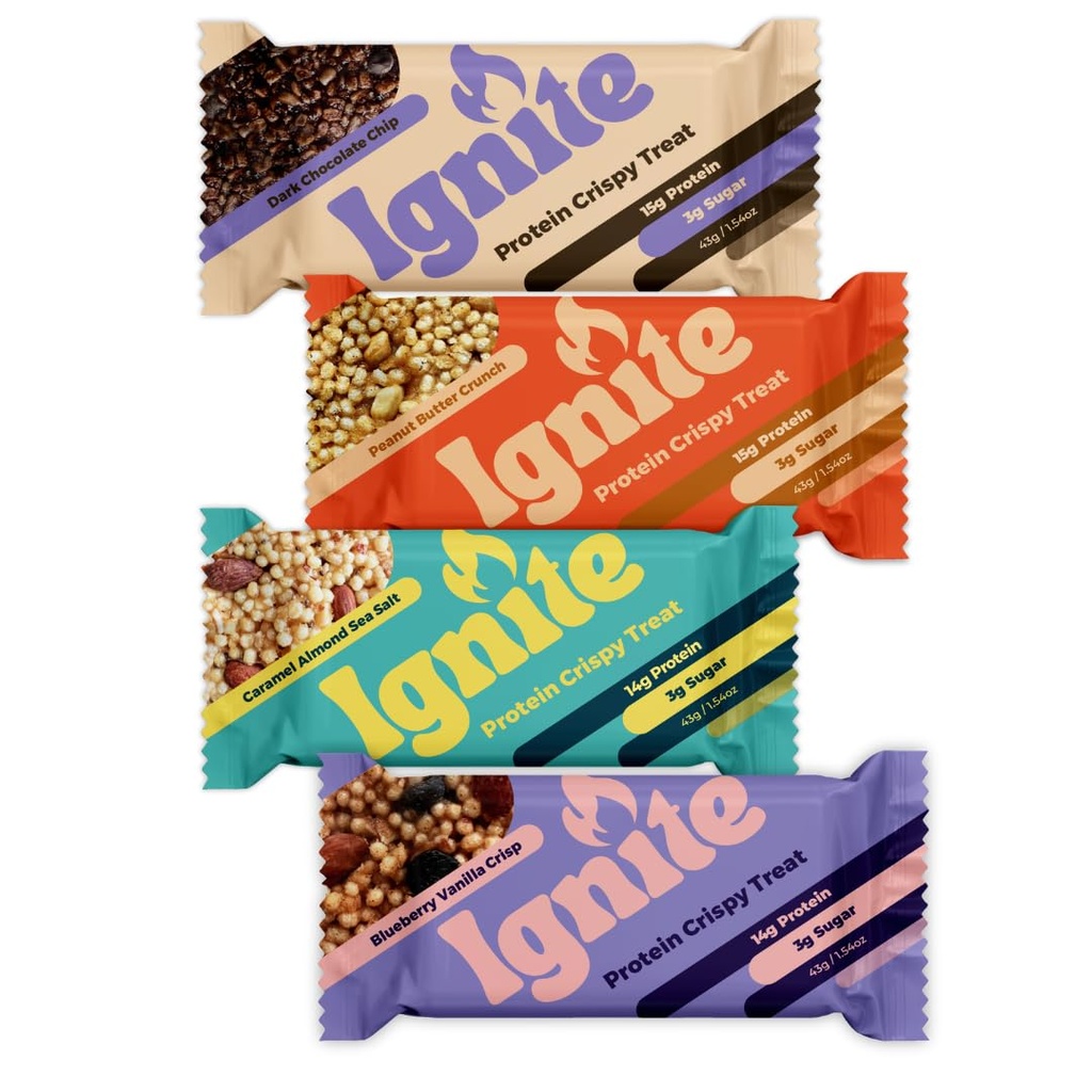 Ignite Bary Wysokie Przekąski Białko, Przekąski o niskiej zawartości cukru, Zdrowe Przekąski dla dorosłych i dzieci, Fiber Bar Crispy Treats - Gluten Free, Paleo & Indywidualnie zapakowane Moc Boost Protein Pack
