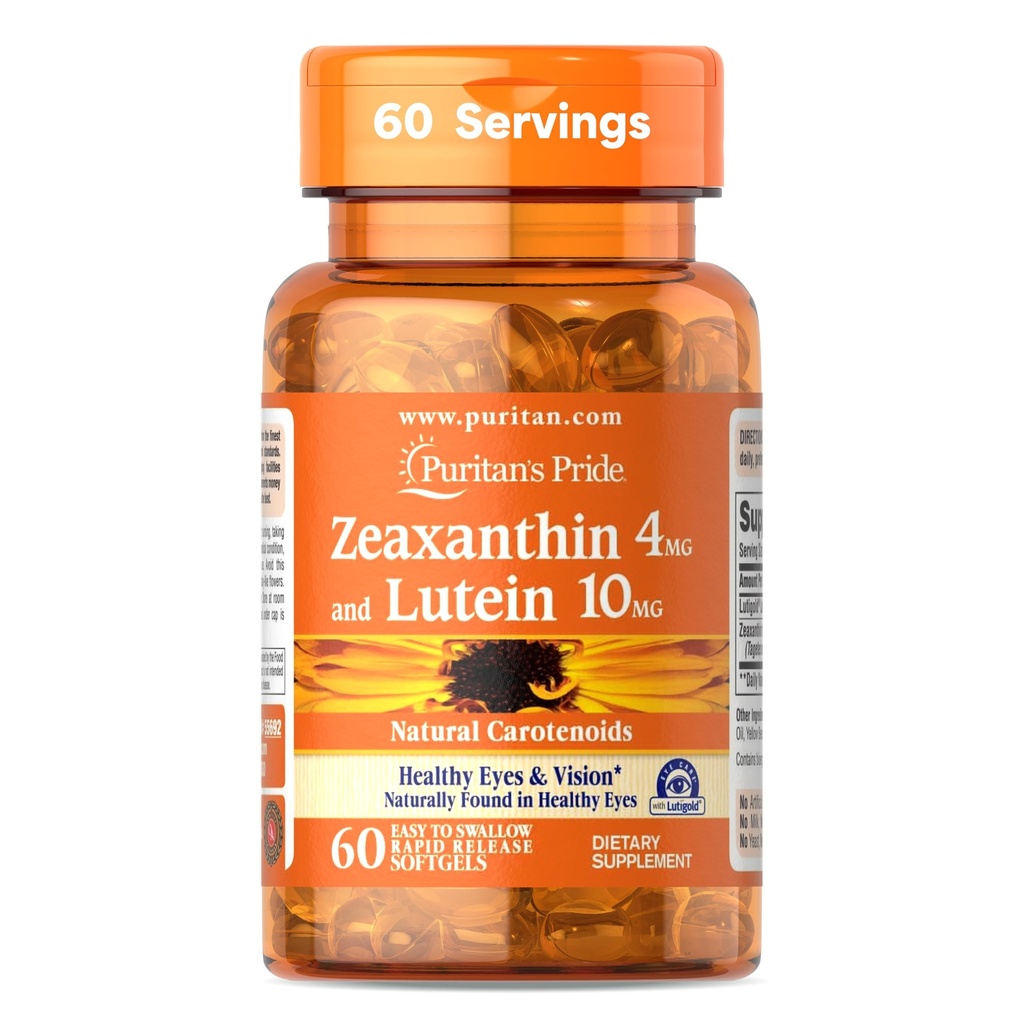Puritan 's Pride Zeaksantyna 4 mg z Lutigold ™ Lutein 10 mg Karotenoidy, Suplement diety dla zdrowych oczu i wzroku, 60 Easy-to- Połknięcie szybkie uwolnienie Softgels