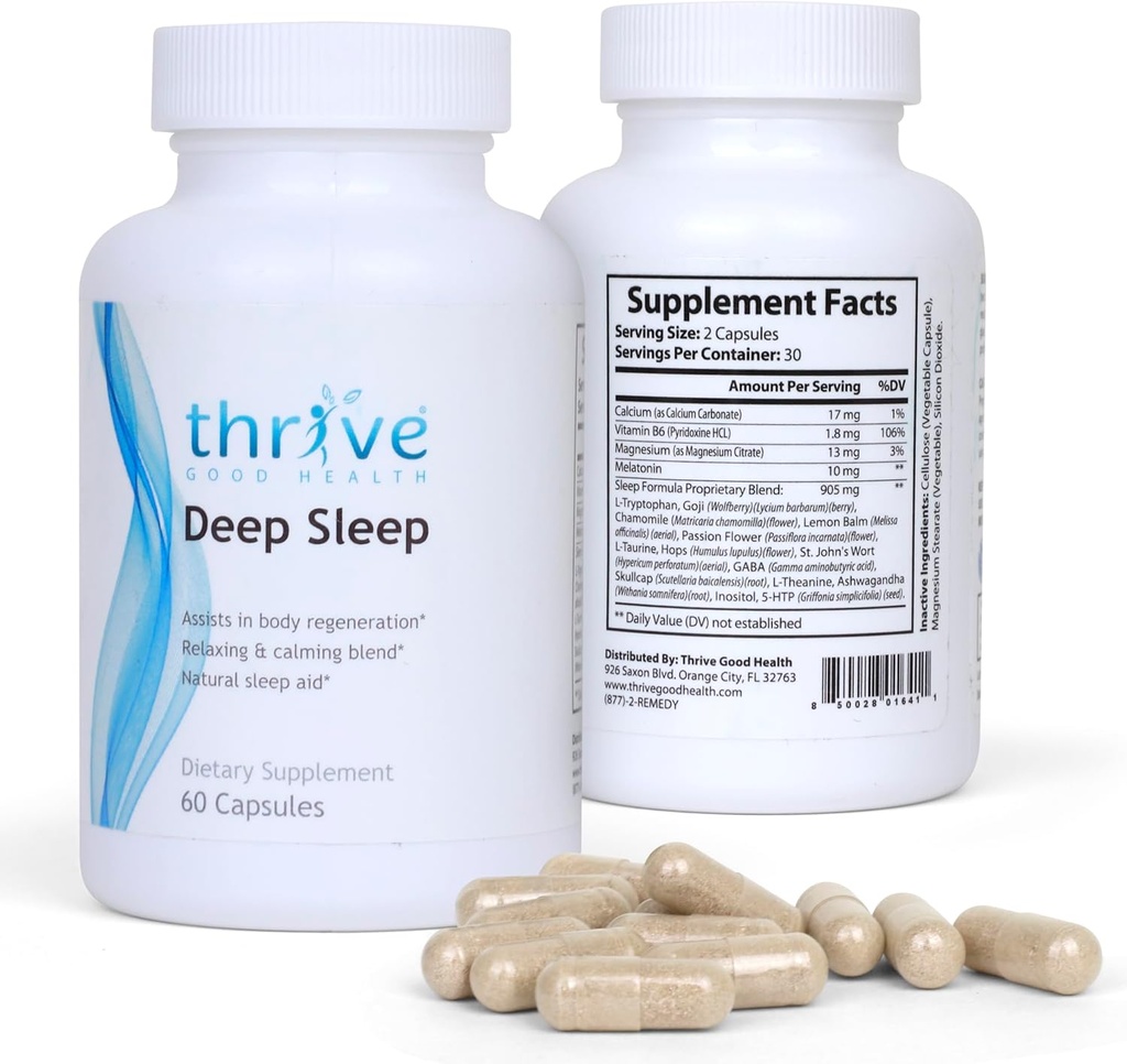 Thrive Good Deep Sleep - Suplement do snu z karbonatem wapnia, Witamina B6, Magnez - Formuła pomocy snu z Melatonin, L- Tryptofan, 5- HTP, Inozytol, Ekstrakty roślin naturalnych - 60 Kapsułki wegetariańskie