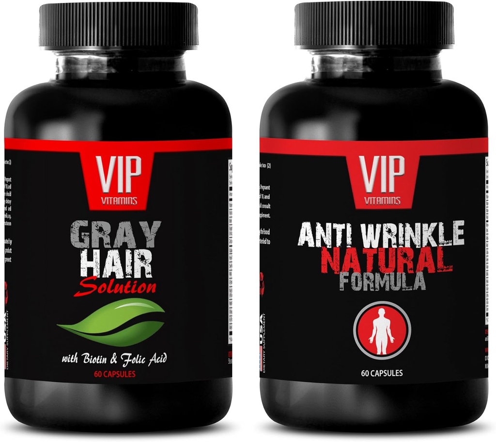 Anti-Aging Essential - Gray Hair Solution - Anti Wrinkle Formula - Saw Palmetto Natural - 2 butelki (60 kapsułek + 60 kapsułek)