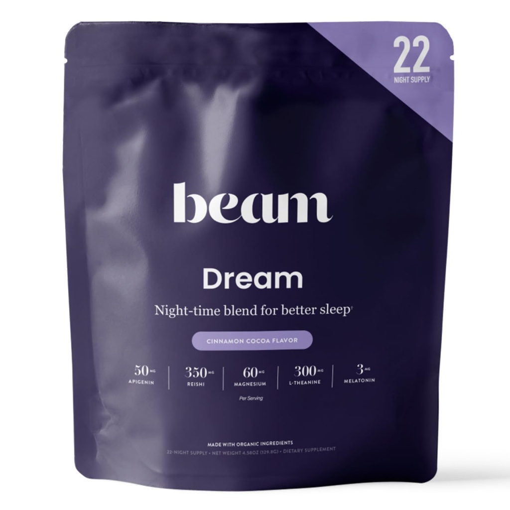 Beam Dream Sleep Powder, L- Theanine, Apigenin, Reishi i Magnezu, Strona trzecia Tested Natural Sen Pomoc i suplement do snu dla głębokiego snu, Relaks i Recovery, Natural Sleep Support, 22 Służenia