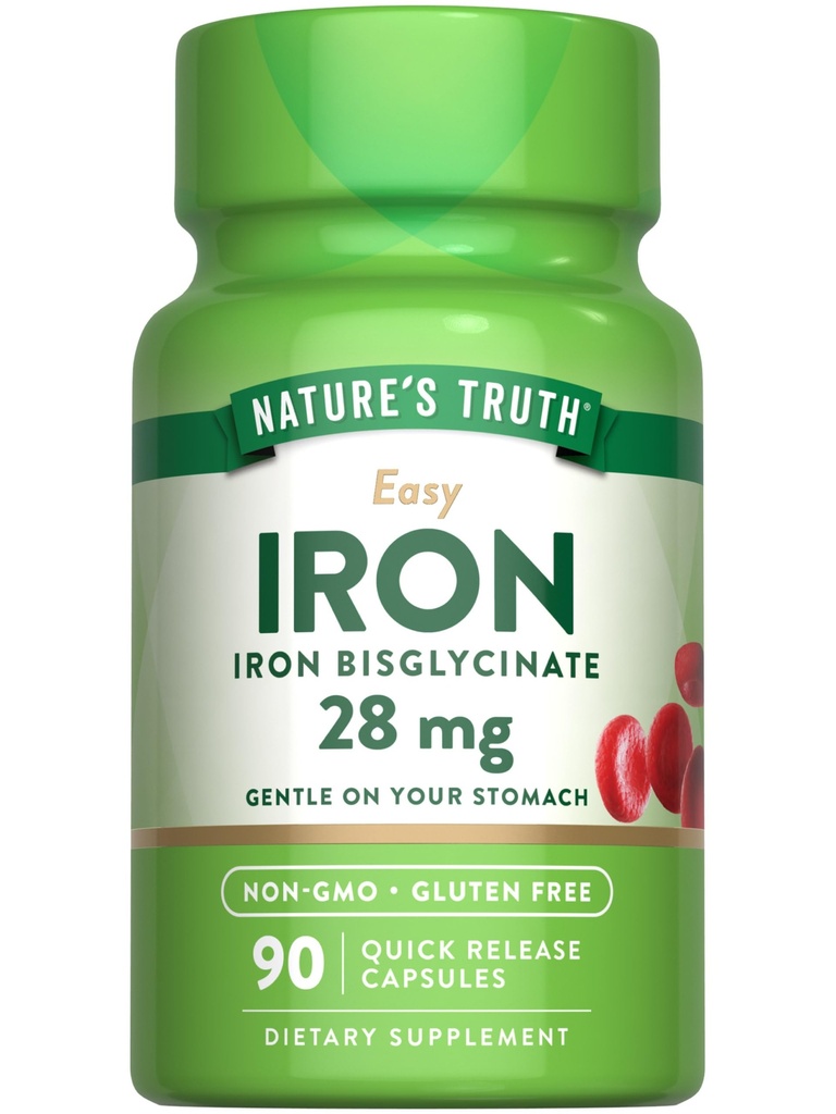 Nature 's Truth Żelazo Suplement dla kobiet i mężczyzn 124; 28 mg 124; 90 Kapsułki Bisglicynian żelaza 124; Non-GMO, Gluten Free