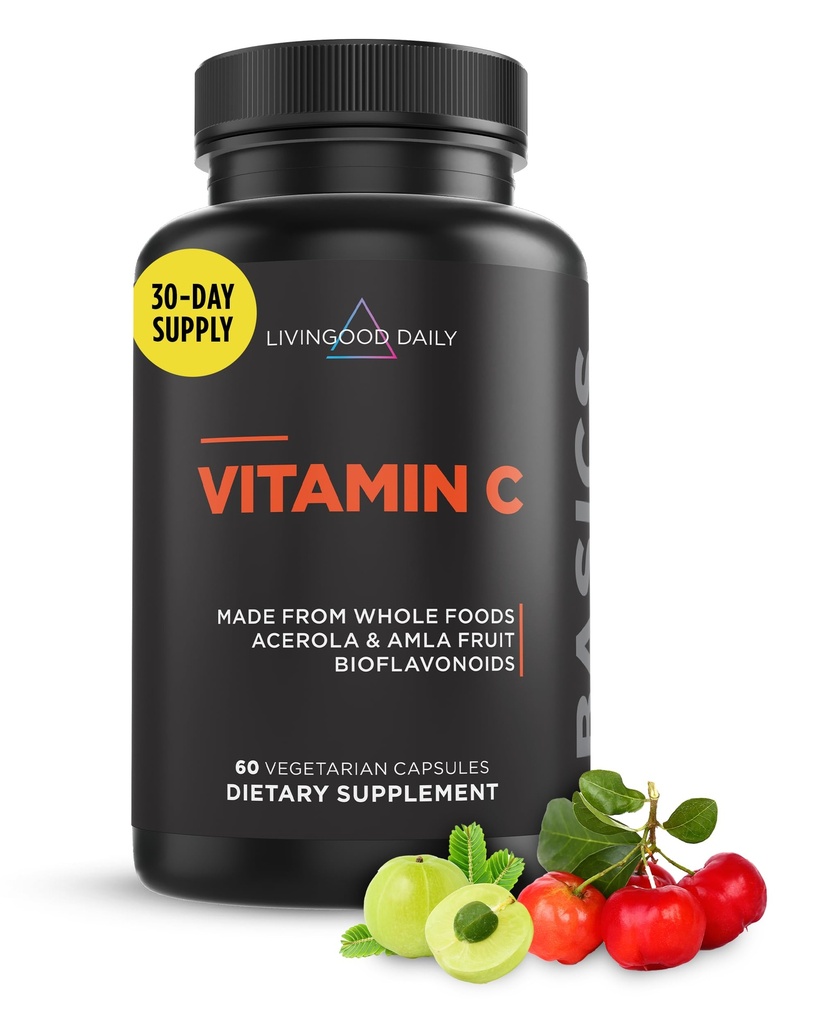 Livingood Daily witaminy C Suplement, 3- in-1 Whole Food- Witamina C z Acerola & Amla Ekstrakty owoców i Citrus Bioflavonoids dla immunologicznego wsparcia, Wegan, Gluten Free, Nie GMO, 60 Kapsułki