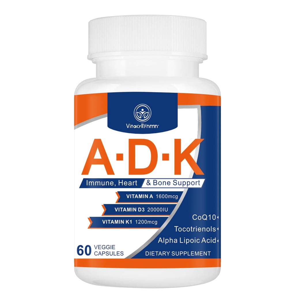 ADK witamina suplement 20000 j. m. - Witaminy o dużej mocy A, D3 i K1 dla serca, kości i immunologicznego wsparcia witaminy ADK 60 kapsułki