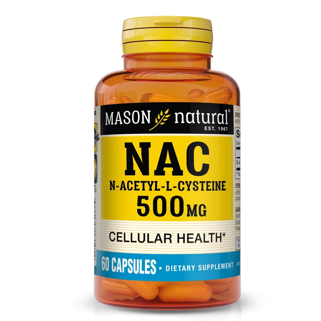 MASON NATURAL NAC N, Acetyl, L, Cysteina 500 mg, 2 miesięczne dostawy, Wspiera normalne zdrowie komórkowe, Immune System Booster dla ogólnego Wellness, 60 Kapsułki