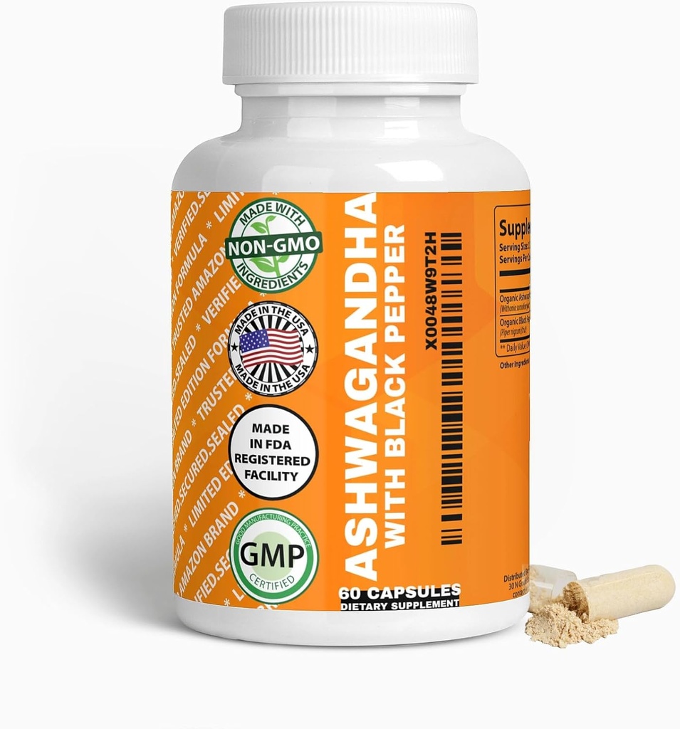 Generic Organic Ashwagandha & Black Pepper Kapsułki, 1300mg & 10mg, 60 Count, Zwiększyć odporność & nastroje naturalnie