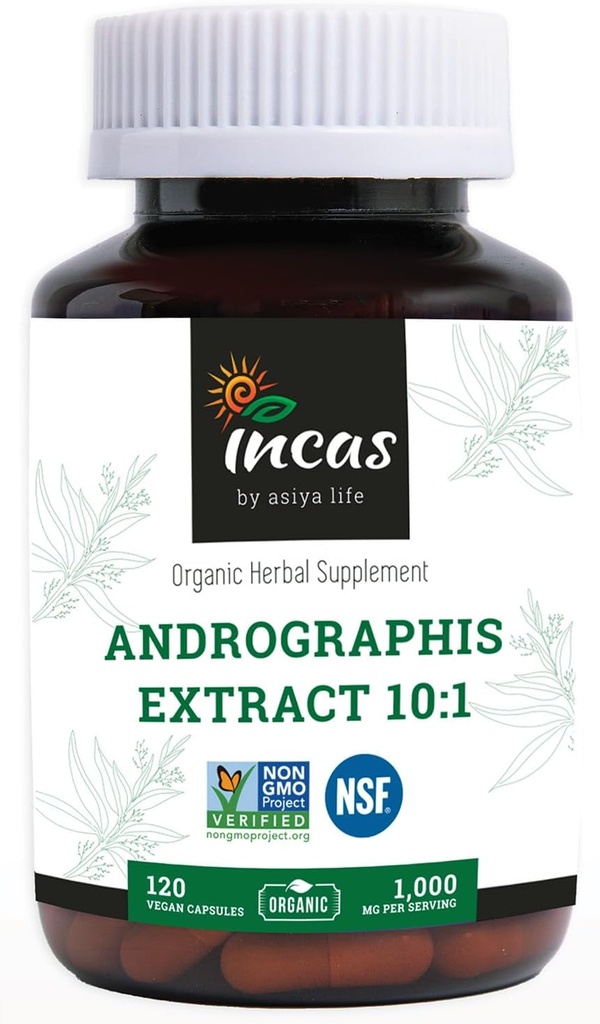 Incas Andrographis Kapsułki Max Andrograpides - 1000 mg Rozmiar podawania (120 Kapsułek) - Klinicznie badane dla układu immunologicznego Zdrowie i Nie GMO Weryfikowany przez NSF
