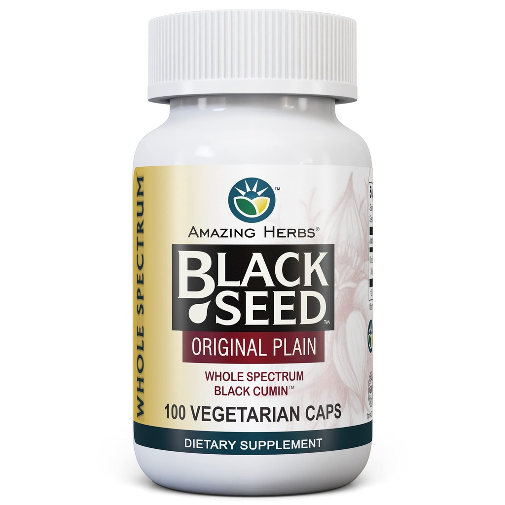 Niesamowite zioła Whole Spectrum Black Seed Original Plain, Kapsułki wegetariańskie - Gluten Free, Nie GMO, Cold Pressed Nigella Sativa Aid in Digestive Health - 100 Count, 475mg