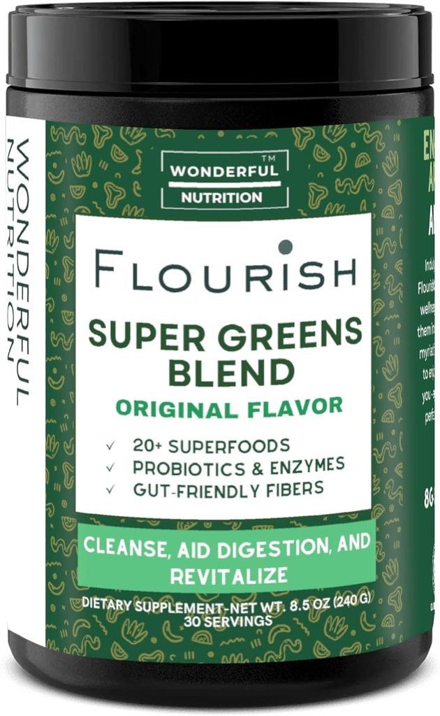 Flourish Super Zieloni. Zielony proszek Mix for Energy, z Chlorella Organic Spirulina, Buraki Root Powder, Enzymy i Probiotyki, Oryginał, 30 Służenia