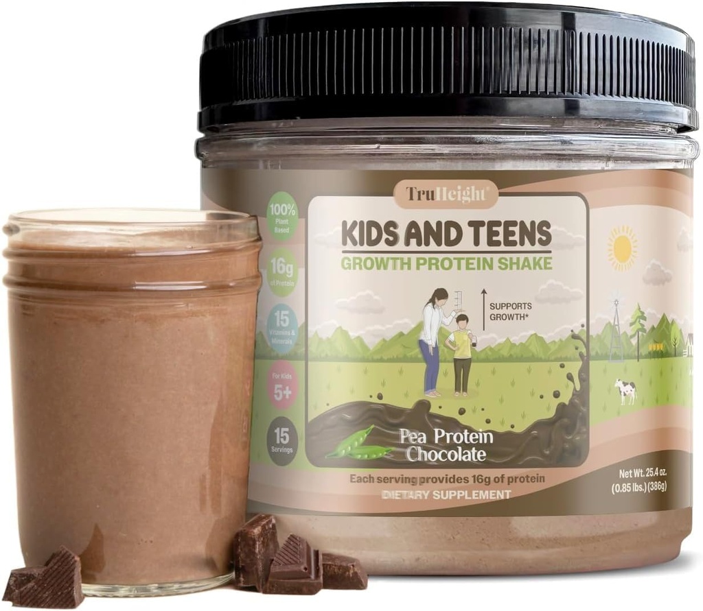 TruHeight Growth Protein Shake (Czekoladowy Smak Mleczny, Roślina) Naturalny wzrost i rozwój Protein Powder for Kids & Teens - Drinki z zyskiem na wadze, Endorsed by Pediatricians, Picky Eater Witamina, Wiek 5 +