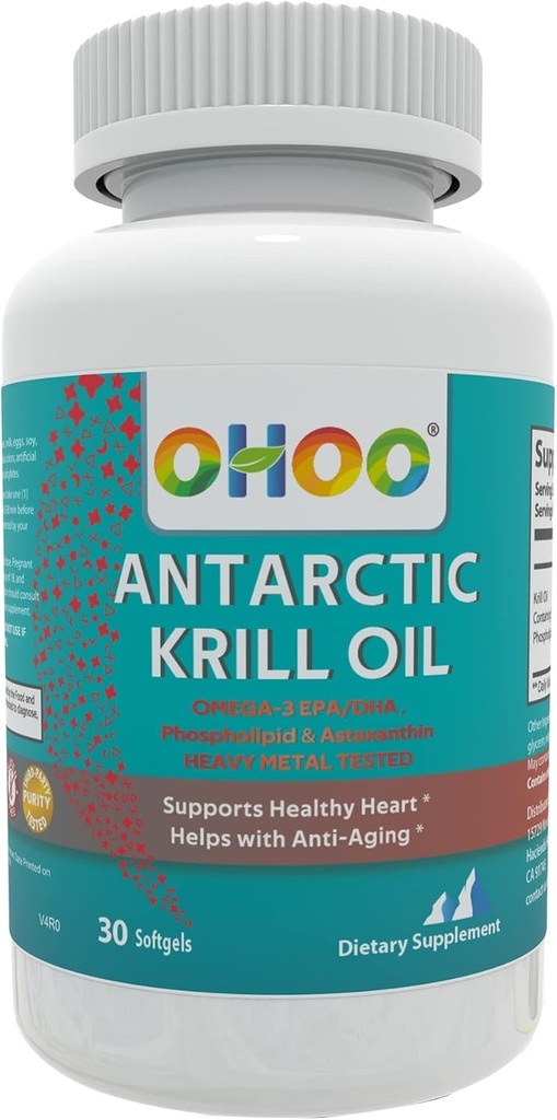 OHOO Antarktyczny olej kryla 500mg Omega-3 EPA & DHA Suplement, Fopholipidy, Przeciwutleniacz Astaksantyny, Wspiera zdrowe serce i suplement antystarości bez posmaku ryb, 30 Softgels