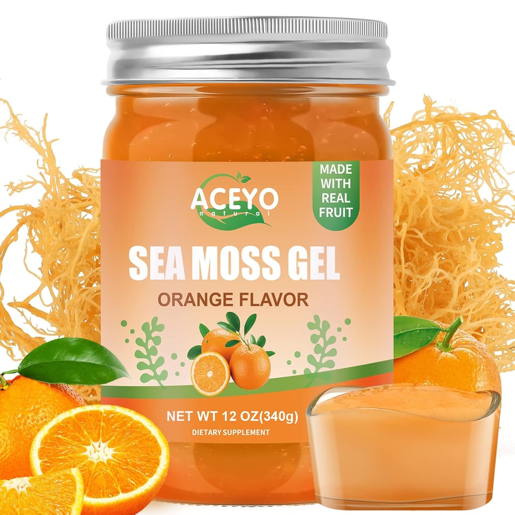 ACEYO (12 OZ) Sea Moss Gel Organic Raw Vegan Orange Flavored Irlandzki Seamoss 102 Witaminy i Minerały Dzikie Zbrojone NieGMO Immune Defense Booster Thyroid Digestive Support