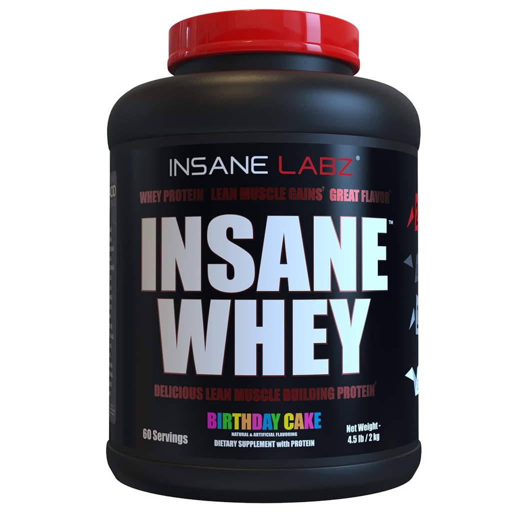 Szalony Labz Szalona Serwatka, 100% Muscle Building Serwatka Protein, Post Workout, BCAA Amino Profil, Mass Gainer, Mączka Wymiana, 5lbs, 60 Srvgs, (Tort urodzinowy)
